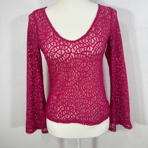 Hollister Sweaters - Hollister Boho Y2K Women Crochet Knit Top Bell‎ Sleeve Deep V Neck Sweater Sz XS